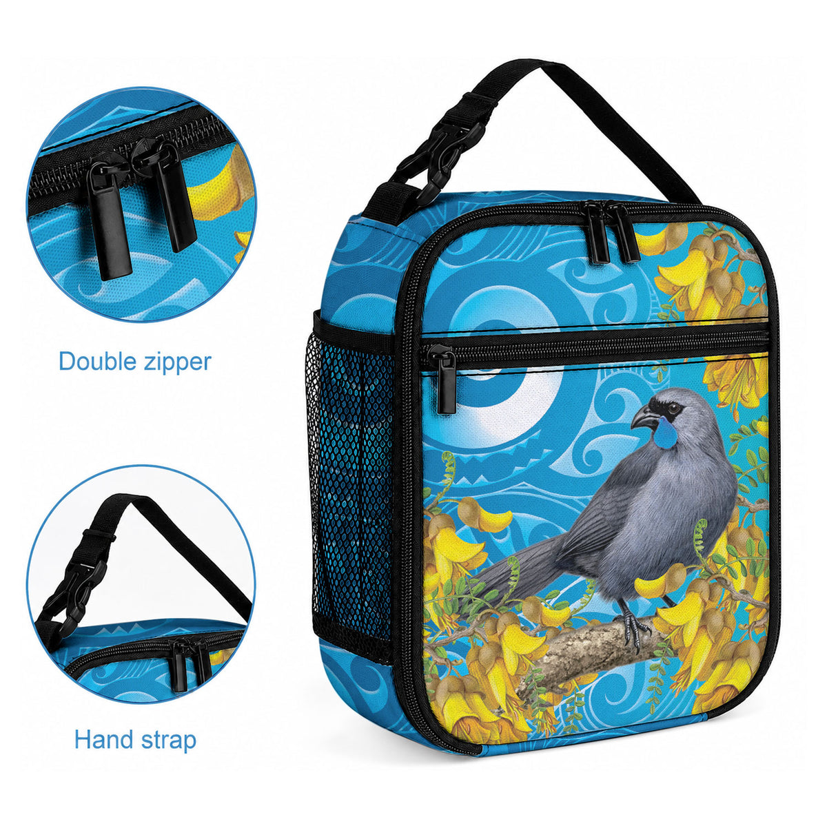 New Zealand Kokako Bird Lunch Bag Maori Koru With Kowhai Flowers
