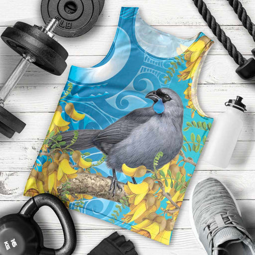 New Zealand Kokako Bird Men Tank Top Maori Koru With Kowhai Flowers - Aussie Hoodie
