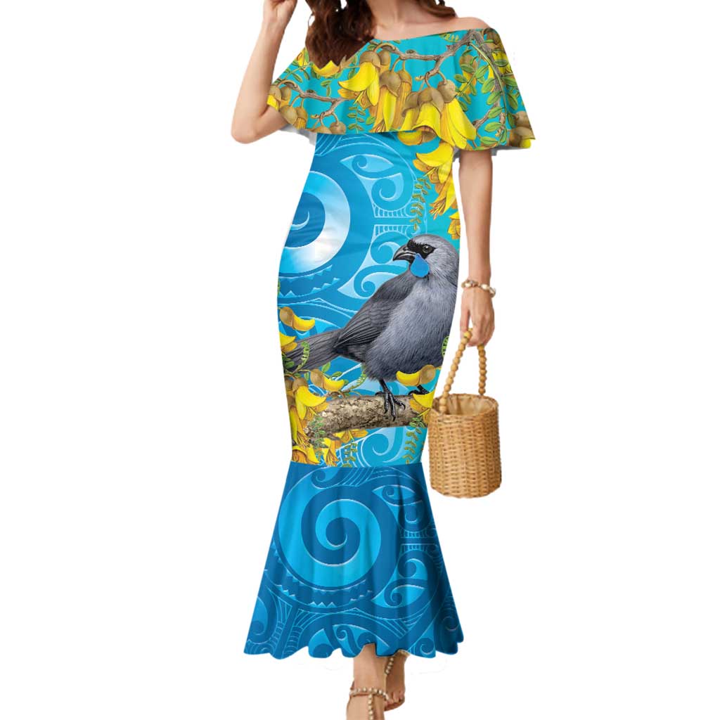 New Zealand Kokako Bird Mermaid Dress Maori Koru With Kowhai Flowers - Aussie Hoodie