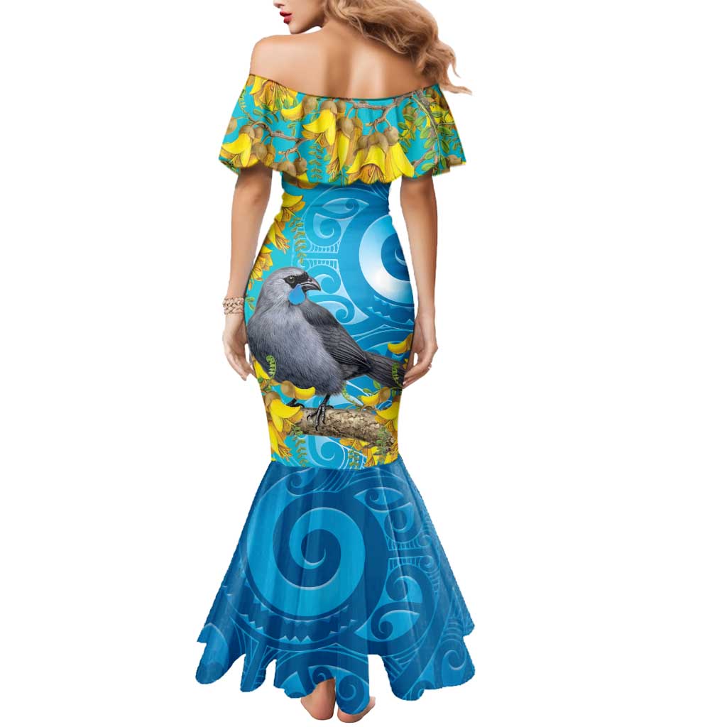 New Zealand Kokako Bird Mermaid Dress Maori Koru With Kowhai Flowers - Aussie Hoodie