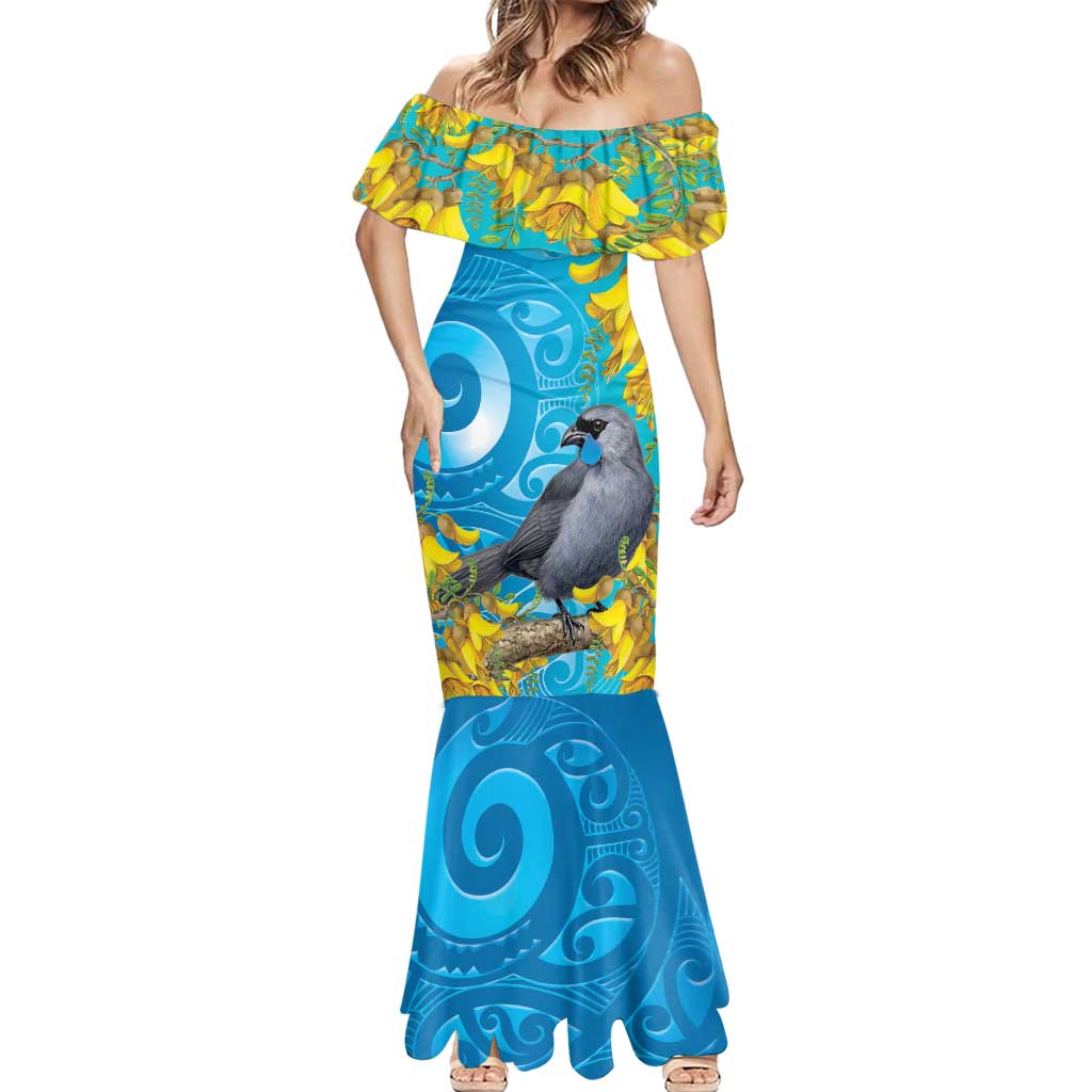 New Zealand Kokako Bird Mermaid Dress Maori Koru With Kowhai Flowers - Aussie Hoodie