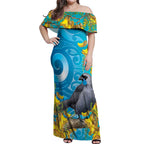 New Zealand Kokako Bird Off Shoulder Maxi Dress Maori Koru With Kowhai Flowers - Aussie Hoodie