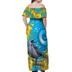 New Zealand Kokako Bird Off Shoulder Maxi Dress Maori Koru With Kowhai Flowers - Aussie Hoodie