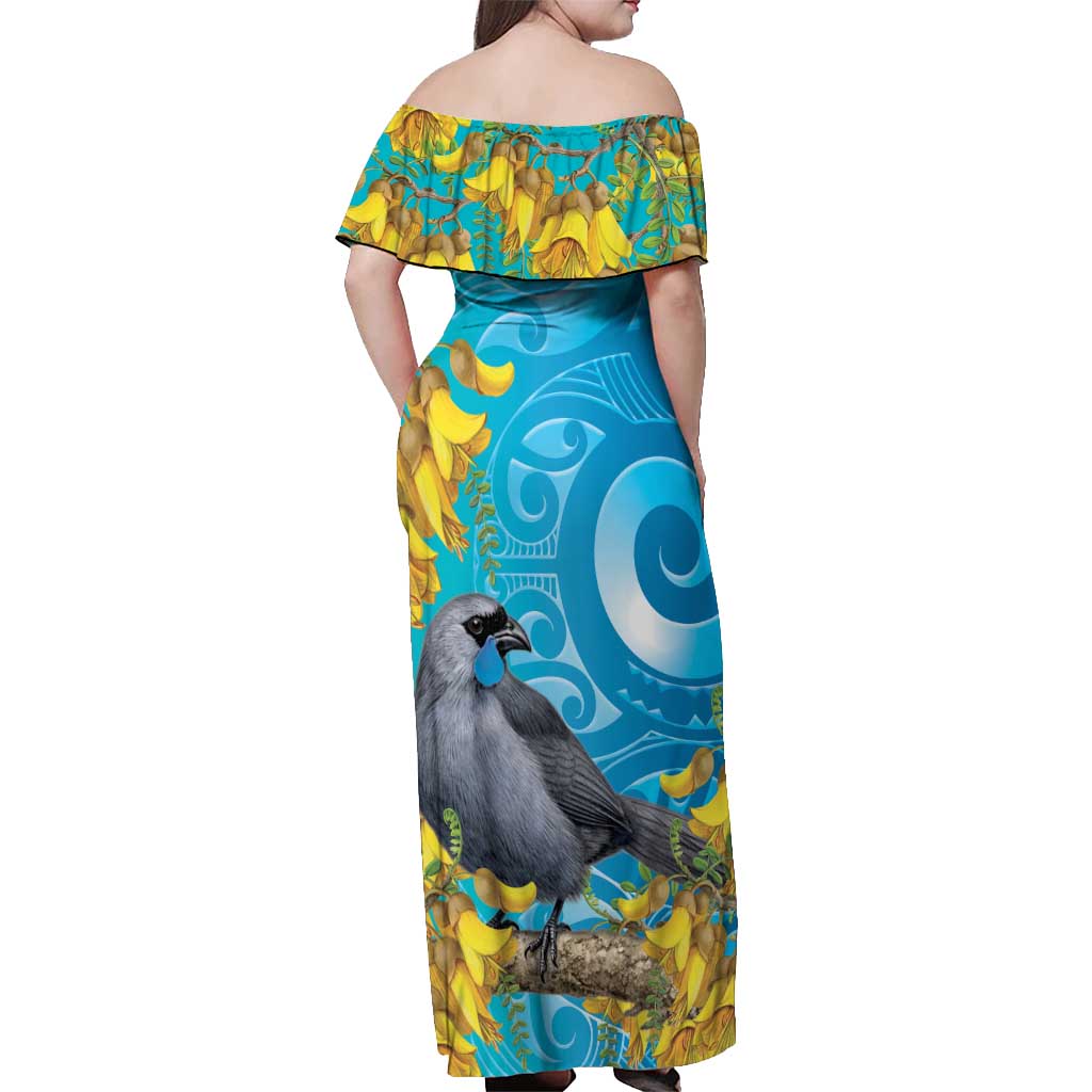 New Zealand Kokako Bird Off Shoulder Maxi Dress Maori Koru With Kowhai Flowers - Aussie Hoodie