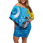 New Zealand Kokako Bird Off Shoulder Short Dress Maori Koru With Kowhai Flowers - Aussie Hoodie