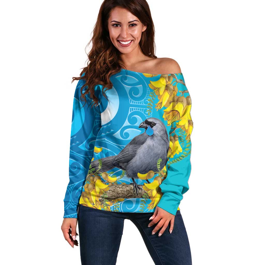 New Zealand Kokako Bird Off Shoulder Sweater Maori Koru With Kowhai Flowers - Aussie Hoodie