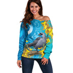 New Zealand Kokako Bird Off Shoulder Sweater Maori Koru With Kowhai Flowers - Aussie Hoodie