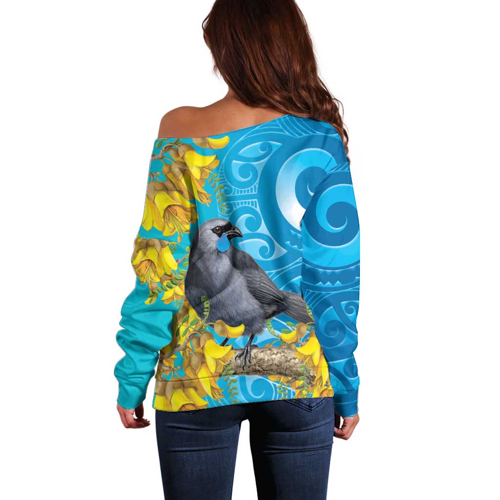 New Zealand Kokako Bird Off Shoulder Sweater Maori Koru With Kowhai Flowers - Aussie Hoodie