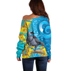 New Zealand Kokako Bird Off Shoulder Sweater Maori Koru With Kowhai Flowers - Aussie Hoodie