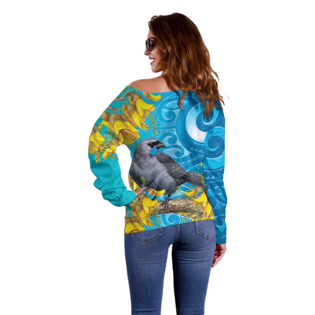 New Zealand Kokako Bird Off Shoulder Sweater Maori Koru With Kowhai Flowers - Aussie Hoodie