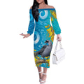 New Zealand Kokako Bird Off The Shoulder Long Sleeve Dress Maori Koru With Kowhai Flowers - Aussie Hoodie
