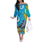New Zealand Kokako Bird Off The Shoulder Long Sleeve Dress Maori Koru With Kowhai Flowers - Aussie Hoodie