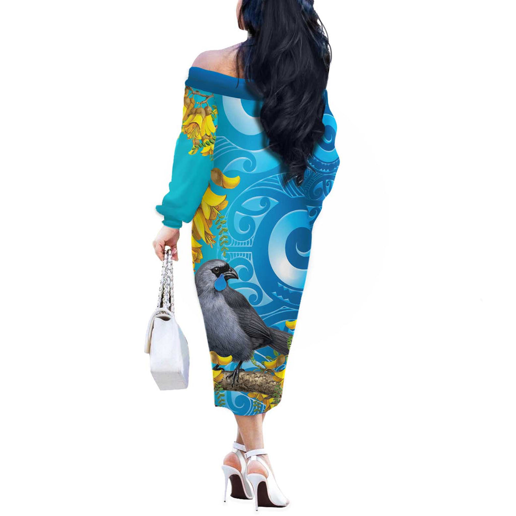 New Zealand Kokako Bird Off The Shoulder Long Sleeve Dress Maori Koru With Kowhai Flowers - Aussie Hoodie