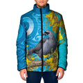 New Zealand Kokako Bird Padded Jacket Maori Koru With Kowhai Flowers - Aussie Hoodie