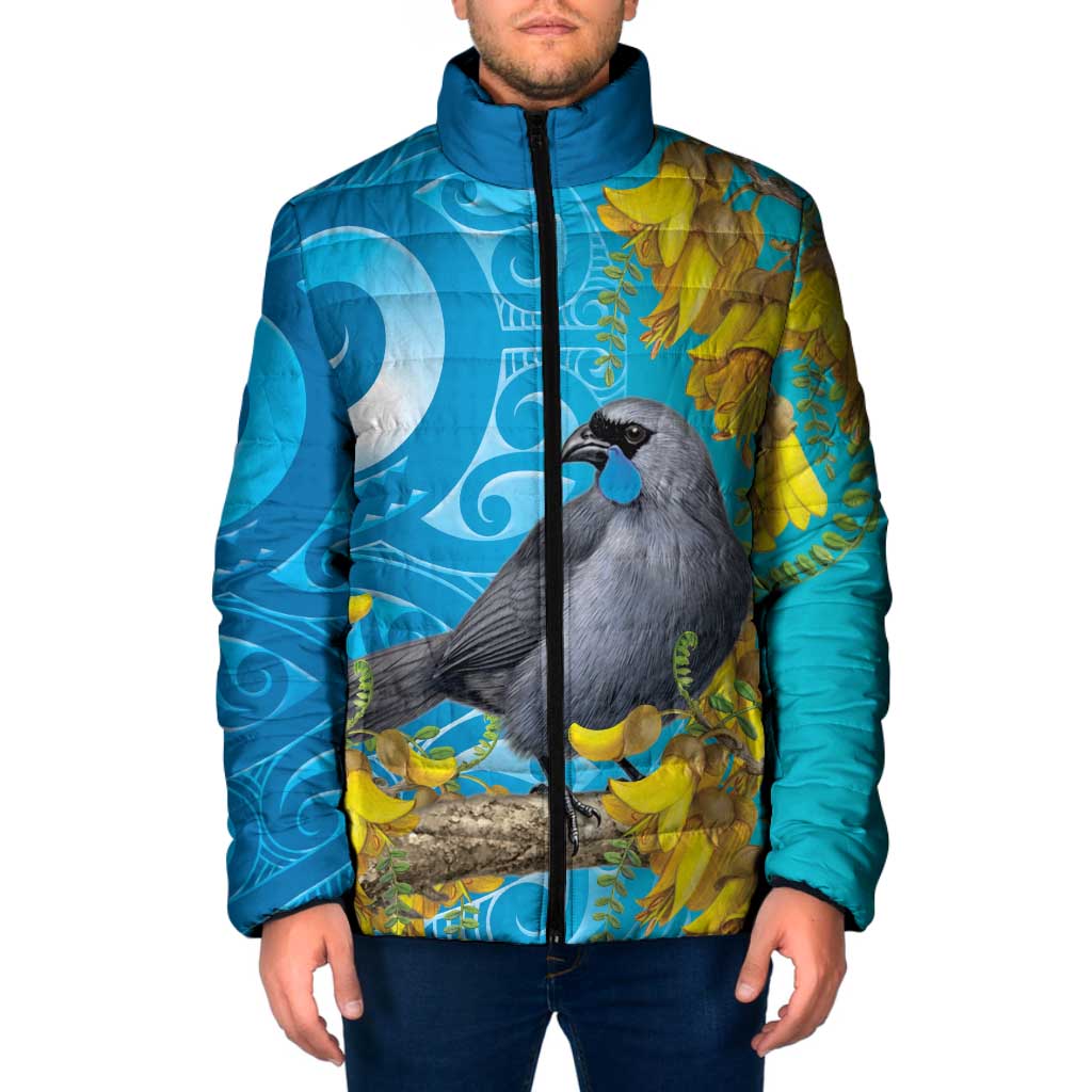 New Zealand Kokako Bird Padded Jacket Maori Koru With Kowhai Flowers - Aussie Hoodie