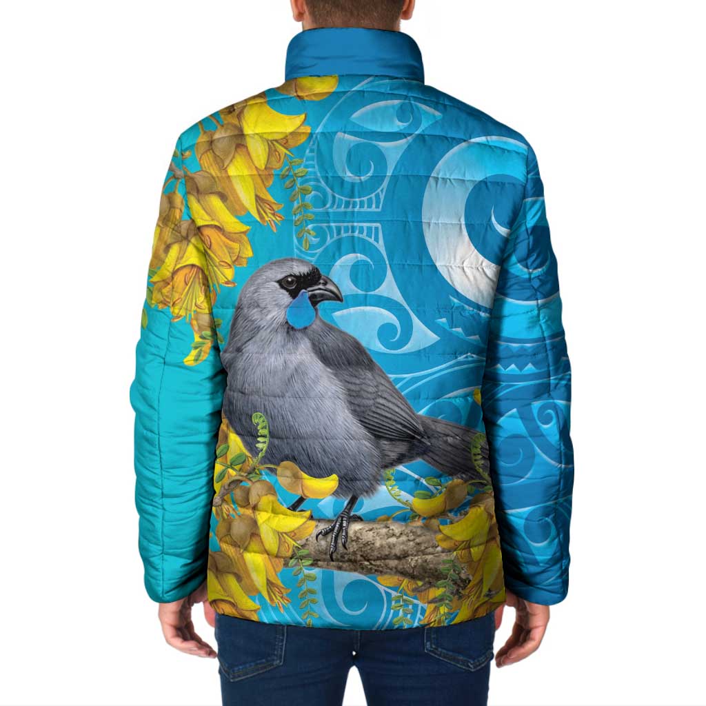 New Zealand Kokako Bird Padded Jacket Maori Koru With Kowhai Flowers - Aussie Hoodie