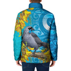 New Zealand Kokako Bird Padded Jacket Maori Koru With Kowhai Flowers - Aussie Hoodie