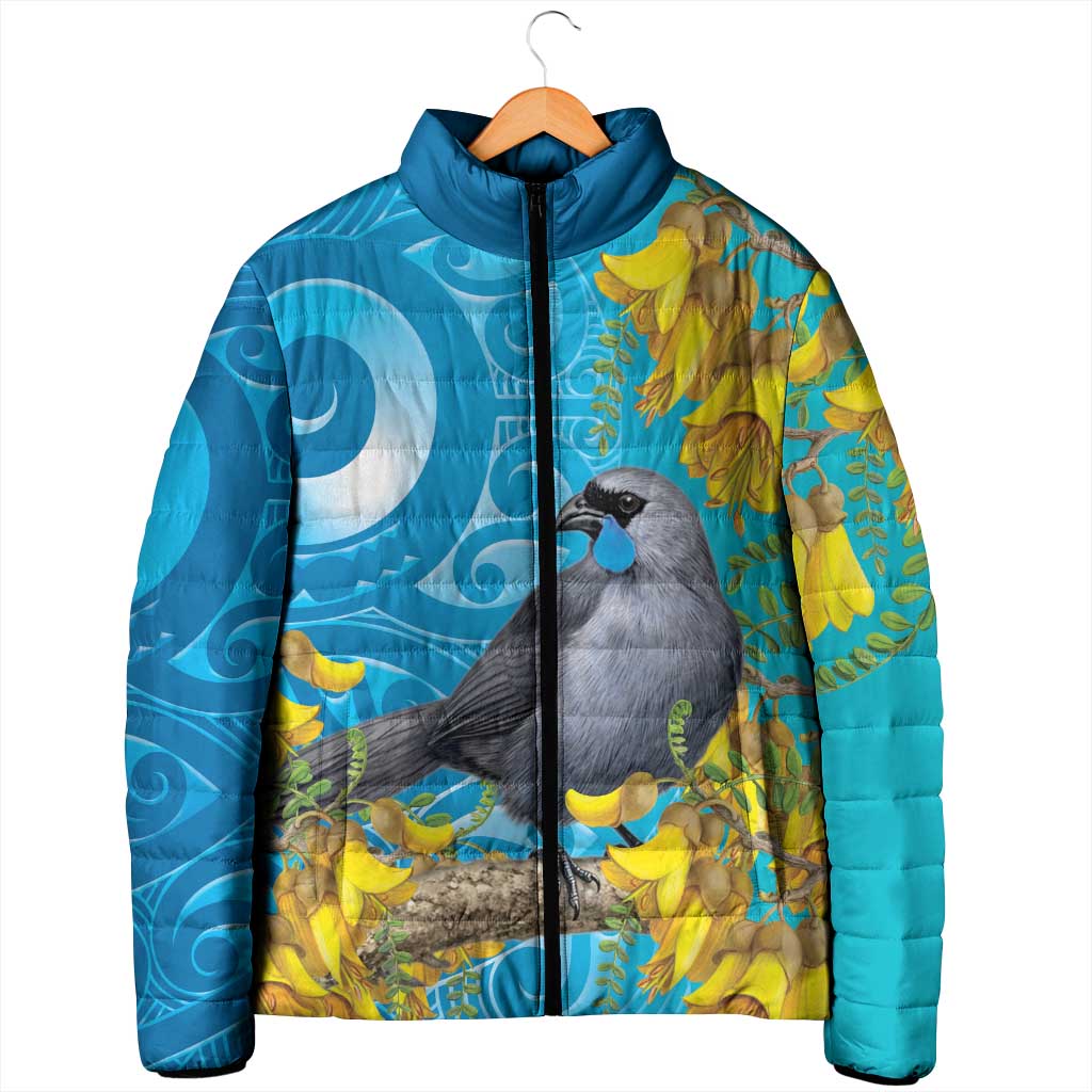 New Zealand Kokako Bird Padded Jacket Maori Koru With Kowhai Flowers - Aussie Hoodie