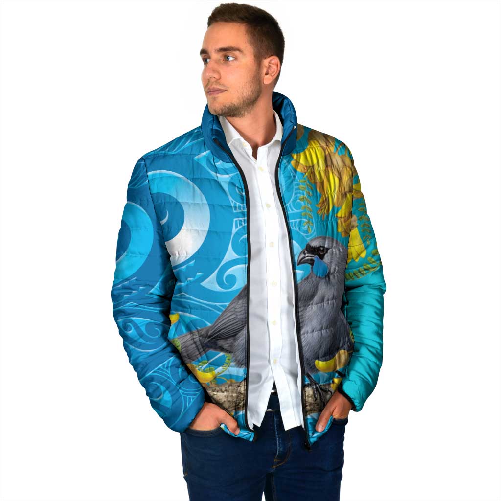 New Zealand Kokako Bird Padded Jacket Maori Koru With Kowhai Flowers - Aussie Hoodie