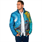 New Zealand Kokako Bird Padded Jacket Maori Koru With Kowhai Flowers - Aussie Hoodie
