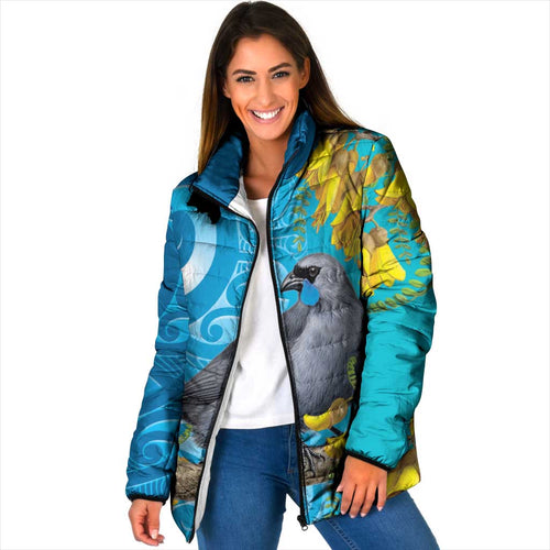 New Zealand Kokako Bird Padded Jacket Maori Koru With Kowhai Flowers - Aussie Hoodie
