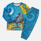 New Zealand Kokako Bird Christmas Pajama Set Maori Koru With Kowhai Flowers