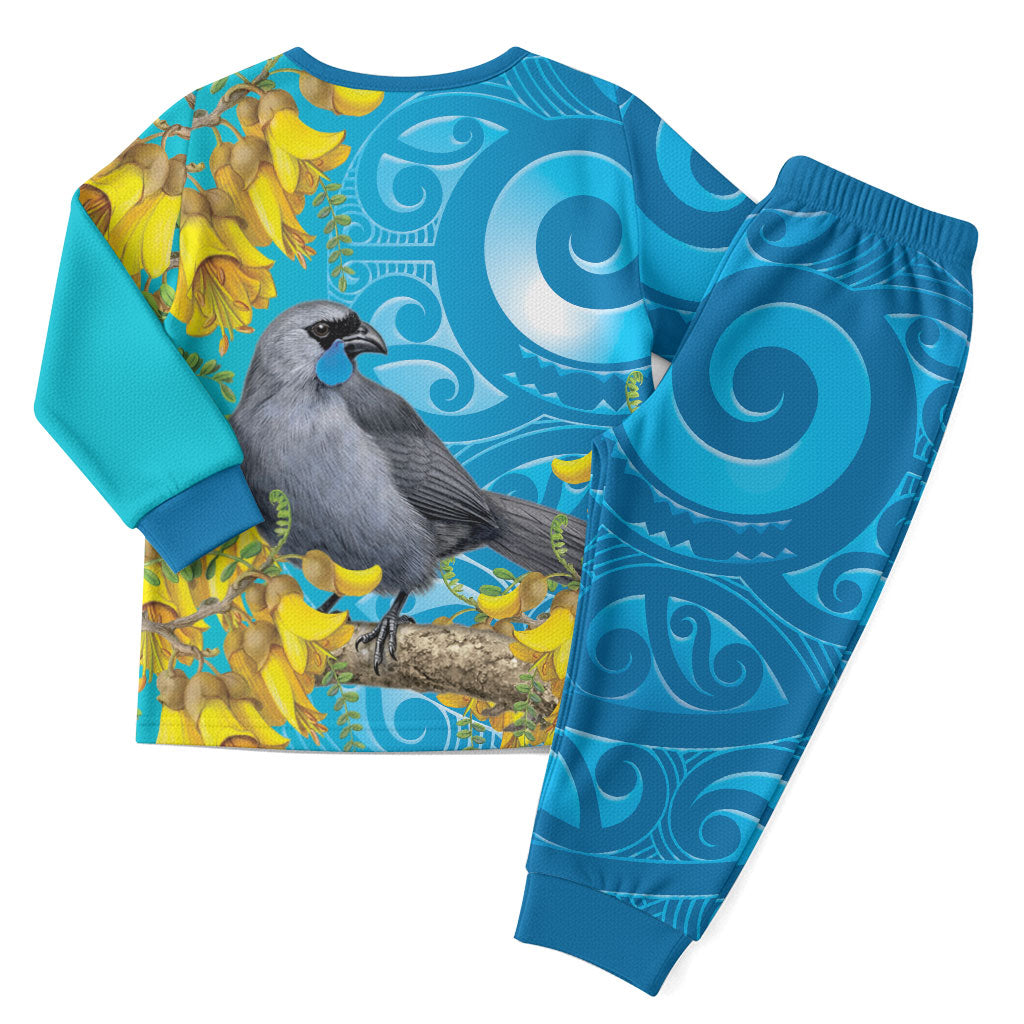 New Zealand Kokako Bird Christmas Pajama Set Maori Koru With Kowhai Flowers