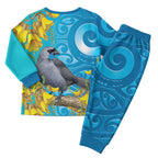 New Zealand Kokako Bird Christmas Pajama Set Maori Koru With Kowhai Flowers