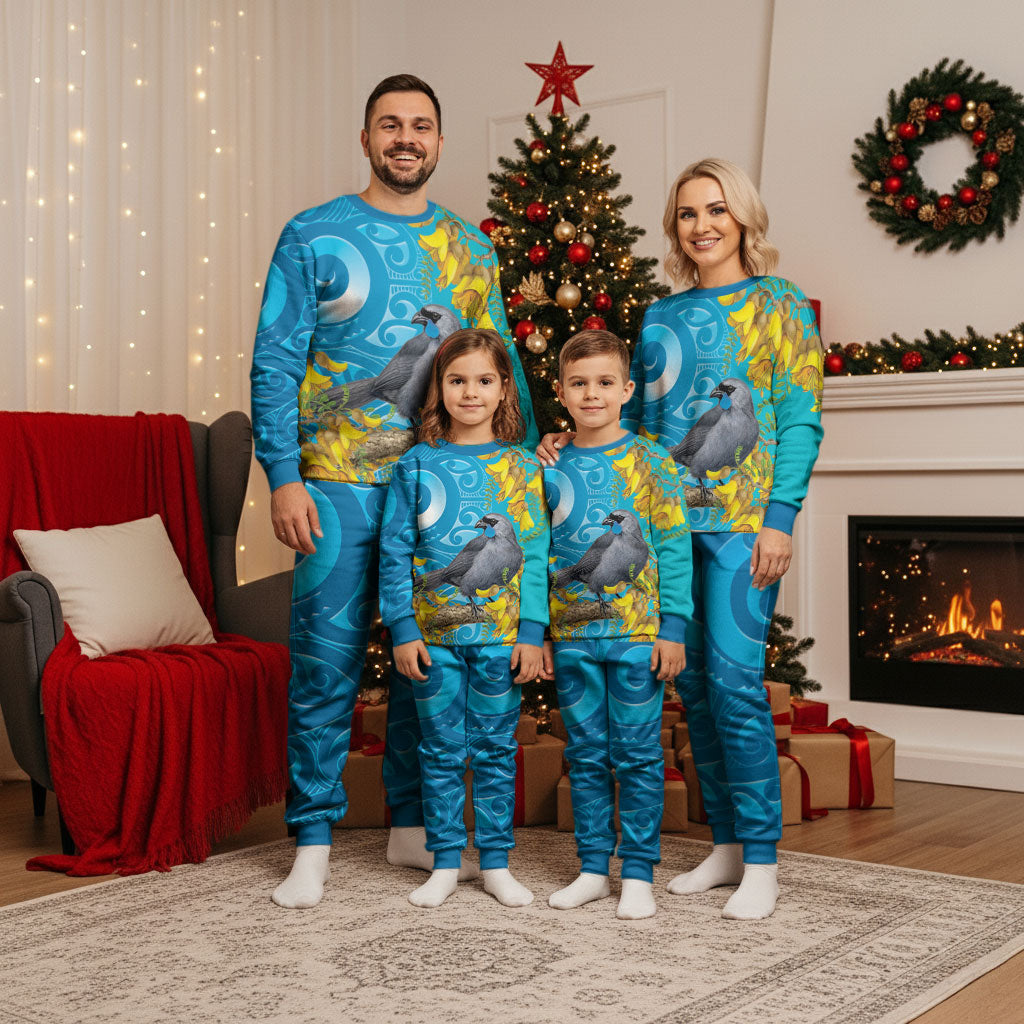 New Zealand Kokako Bird Christmas Pajama Set Maori Koru With Kowhai Flowers