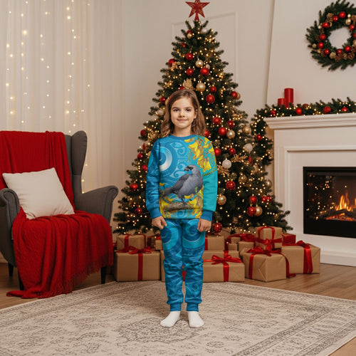 New Zealand Kokako Bird Christmas Pajama Set Maori Koru With Kowhai Flowers