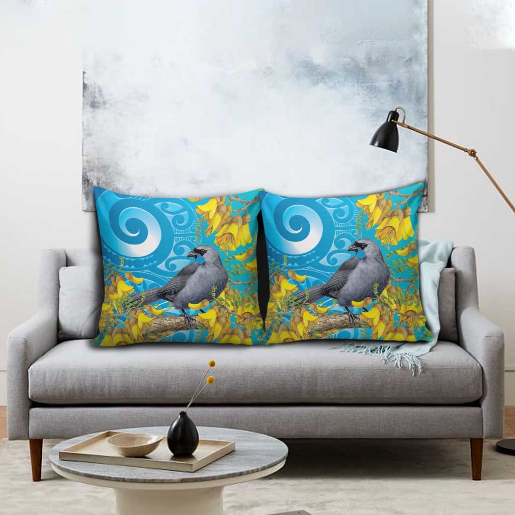 New Zealand Kokako Bird Pillow Cover Maori Koru With Kowhai Flowers - Aussie Hoodie
