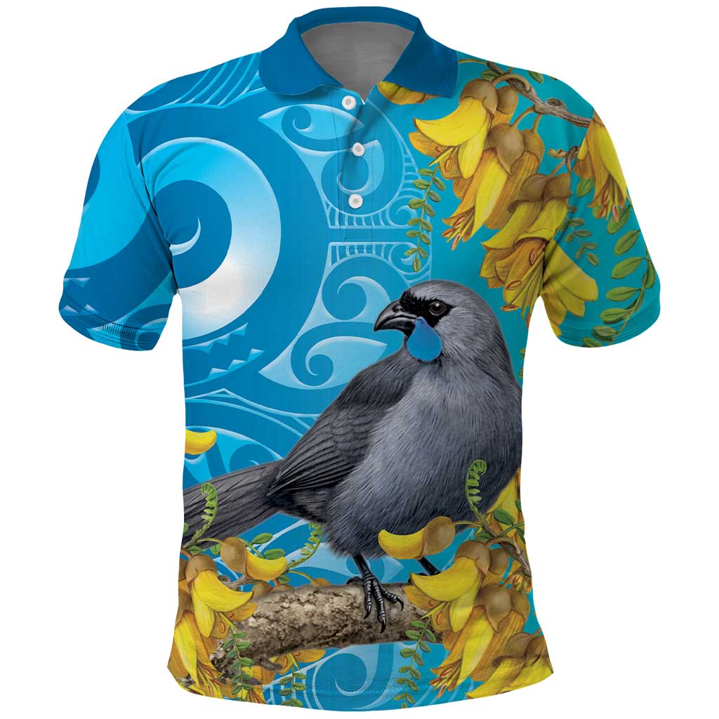 New Zealand Kokako Bird Polo Shirt Maori Koru With Kowhai Flowers - Aussie Hoodie