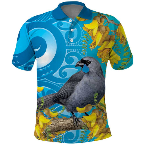 New Zealand Kokako Bird Polo Shirt Maori Koru With Kowhai Flowers - Aussie Hoodie