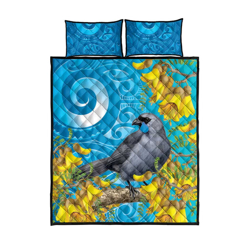 New Zealand Kokako Bird Quilt Bed Set Maori Koru With Kowhai Flowers - Aussie Hoodie