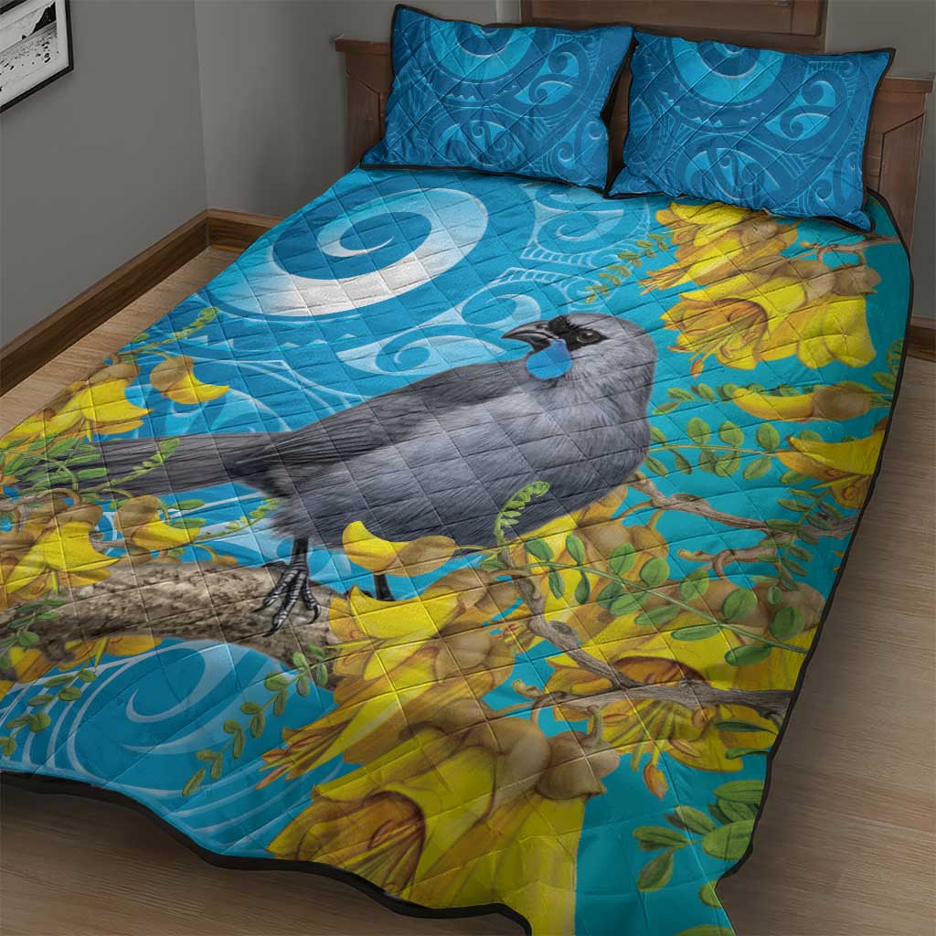 New Zealand Kokako Bird Quilt Bed Set Maori Koru With Kowhai Flowers - Aussie Hoodie