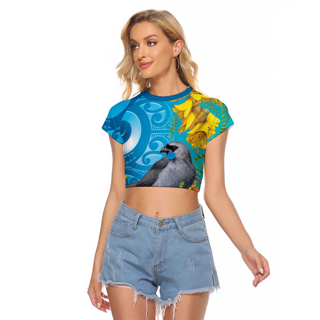 New Zealand Kokako Bird Raglan Cropped T Shirt Maori Koru With Kowhai Flowers - Aussie Hoodie