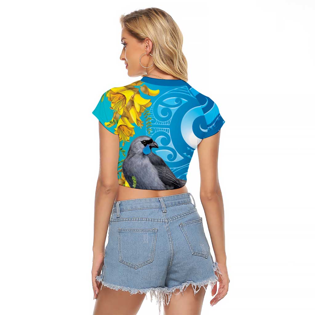 New Zealand Kokako Bird Raglan Cropped T Shirt Maori Koru With Kowhai Flowers - Aussie Hoodie
