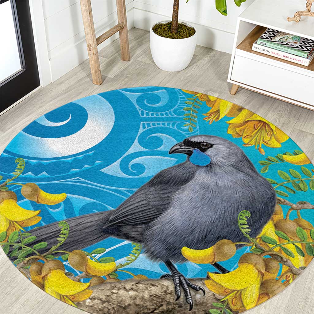 New Zealand Kokako Bird Round Carpet Maori Koru With Kowhai Flowers - Aussie Hoodie