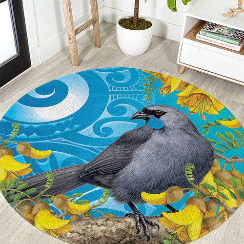 New Zealand Kokako Bird Round Carpet Maori Koru With Kowhai Flowers - Aussie Hoodie