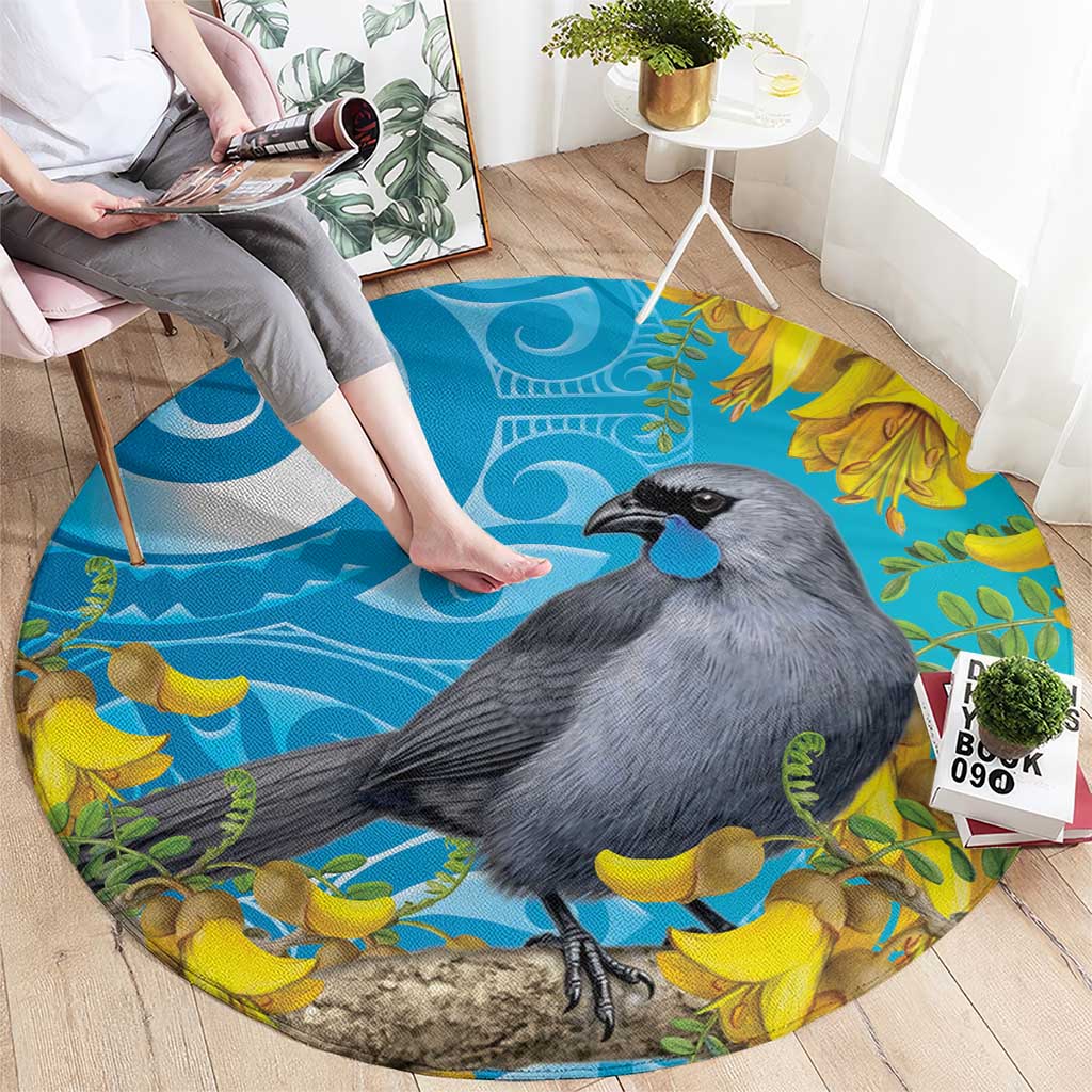 New Zealand Kokako Bird Round Carpet Maori Koru With Kowhai Flowers - Aussie Hoodie