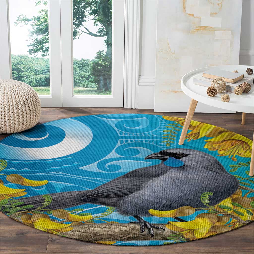 New Zealand Kokako Bird Round Carpet Maori Koru With Kowhai Flowers - Aussie Hoodie