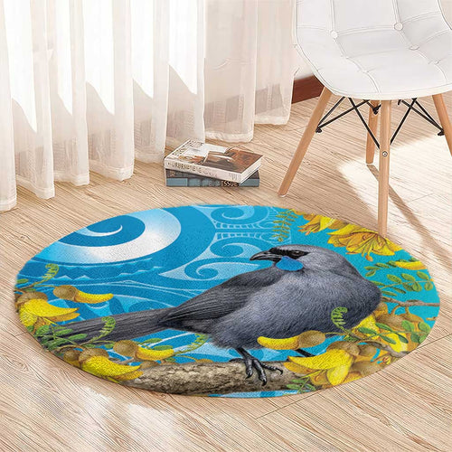 New Zealand Kokako Bird Round Carpet Maori Koru With Kowhai Flowers - Aussie Hoodie