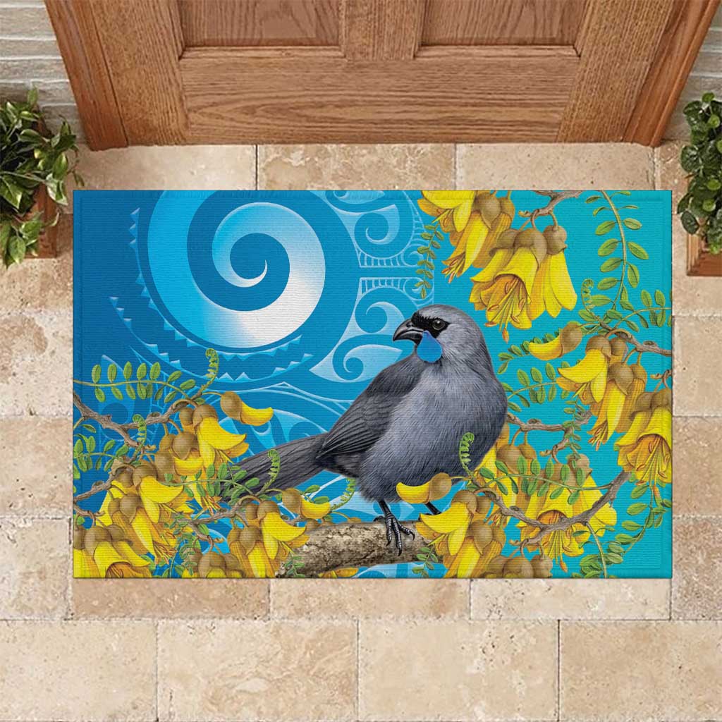 New Zealand Kokako Bird Rubber Doormat Maori Koru With Kowhai Flowers - Aussie Hoodie