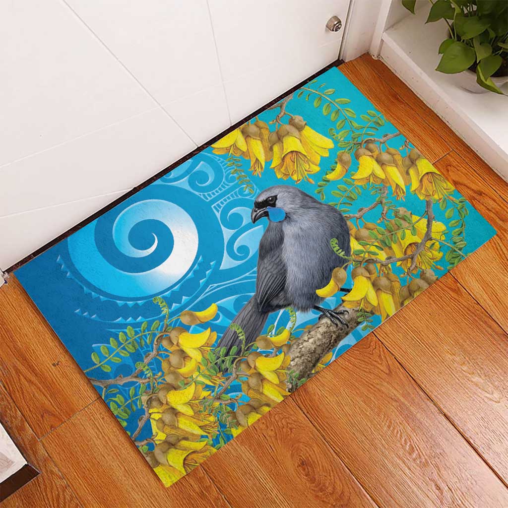 New Zealand Kokako Bird Rubber Doormat Maori Koru With Kowhai Flowers - Aussie Hoodie