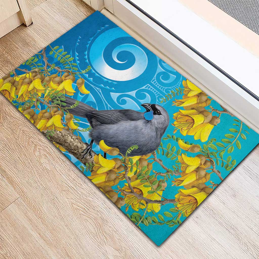 New Zealand Kokako Bird Rubber Doormat Maori Koru With Kowhai Flowers - Aussie Hoodie