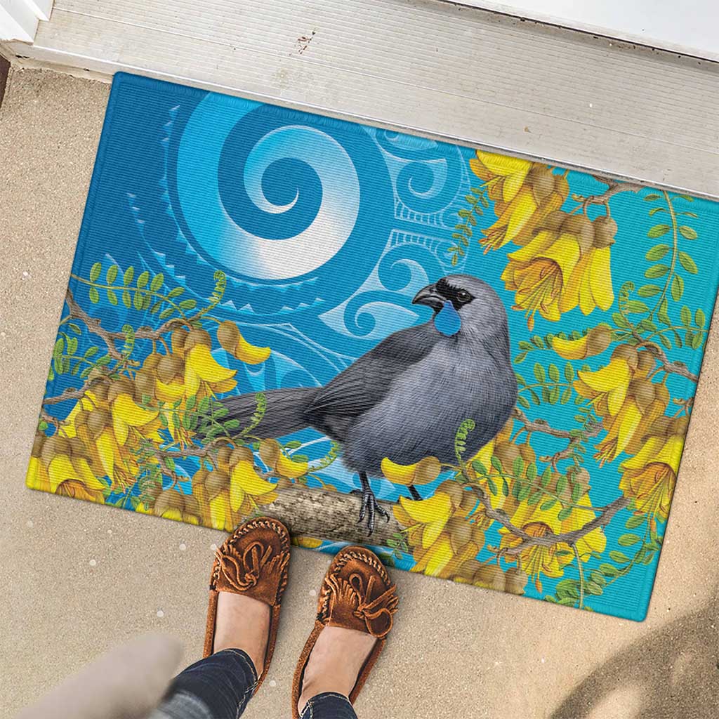 New Zealand Kokako Bird Rubber Doormat Maori Koru With Kowhai Flowers - Aussie Hoodie
