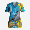 New Zealand Kokako Bird Scrub Top Maori Koru With Kowhai Flowers - Aussie Hoodie