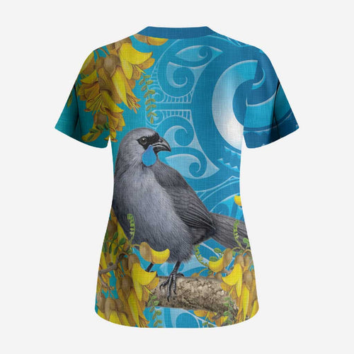 New Zealand Kokako Bird Scrub Top Maori Koru With Kowhai Flowers - Aussie Hoodie