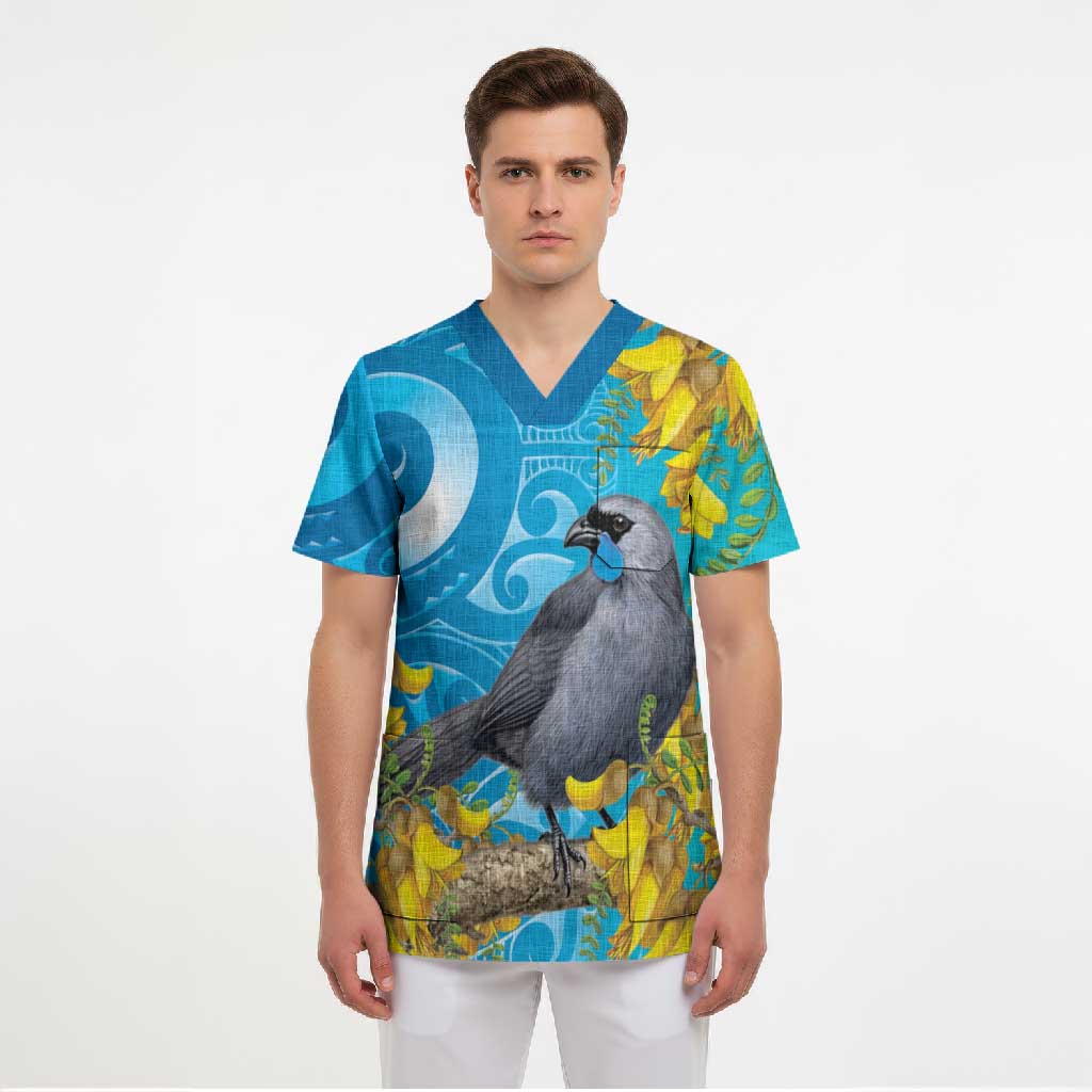 New Zealand Kokako Bird Scrub Top Maori Koru With Kowhai Flowers - Aussie Hoodie