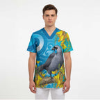 New Zealand Kokako Bird Scrub Top Maori Koru With Kowhai Flowers - Aussie Hoodie